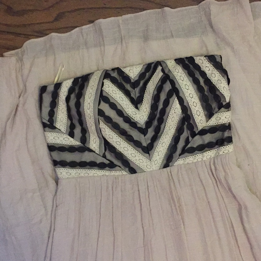 Strapless Maxi Dress with Black Chevron Lace Bodice and Soft Cream Skirt
